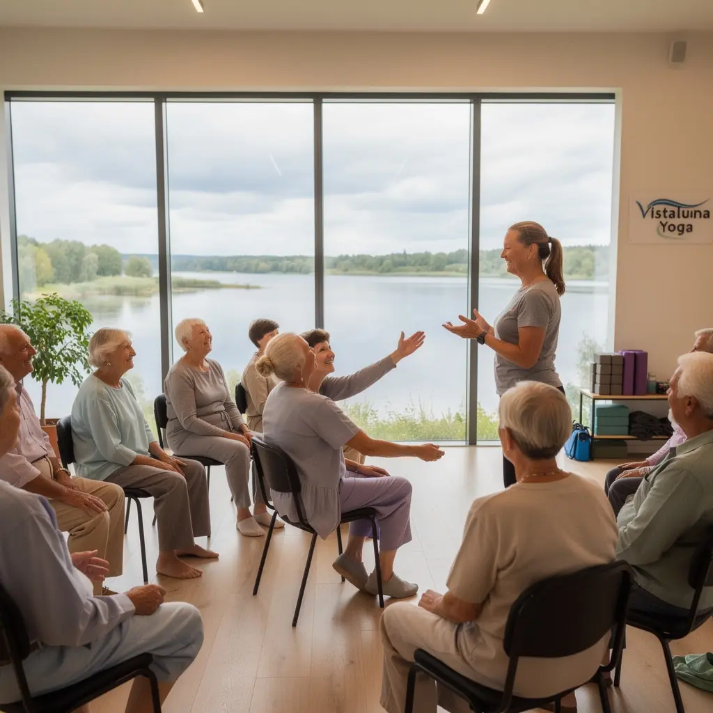 Vecāka gadagājuma cilvēki praktizē jogu sēžot uz krēsliem, veicot elpošanas vingrinājumus.