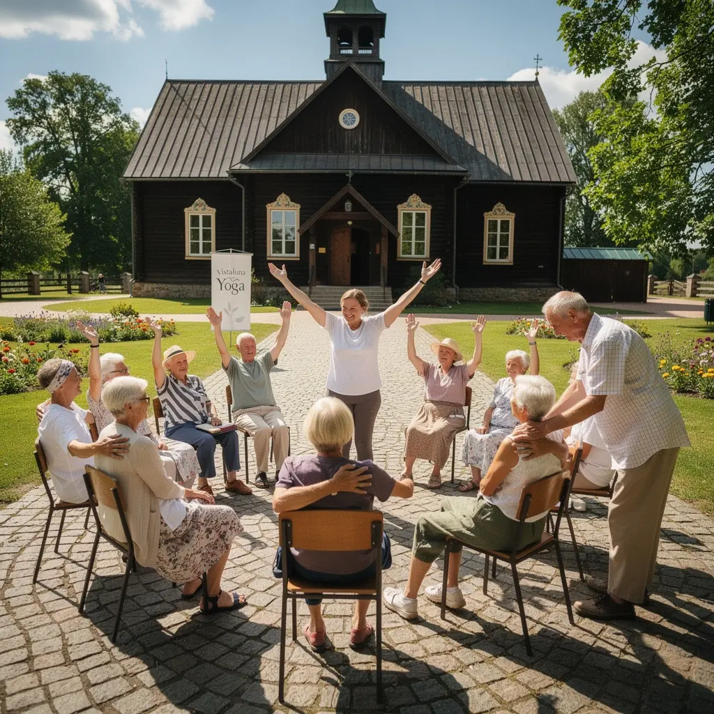 Seniors veic līdzsvara vingrinājumus, izmantojot krēslu kā atbalstu.