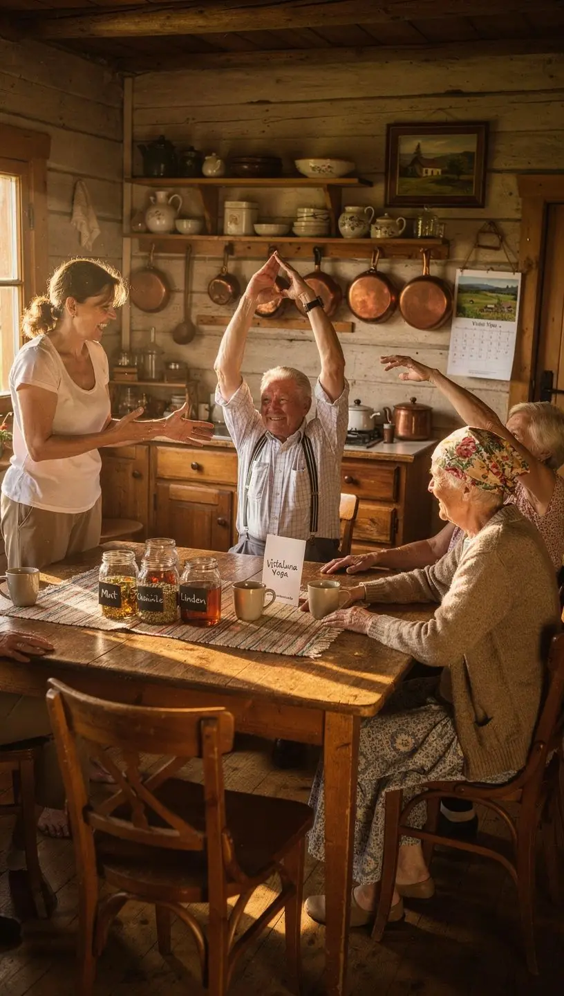 Seniors izpilda stiepšanās vingrinājumus, sēžot uz krēsla, ar smaidu uz sejas.