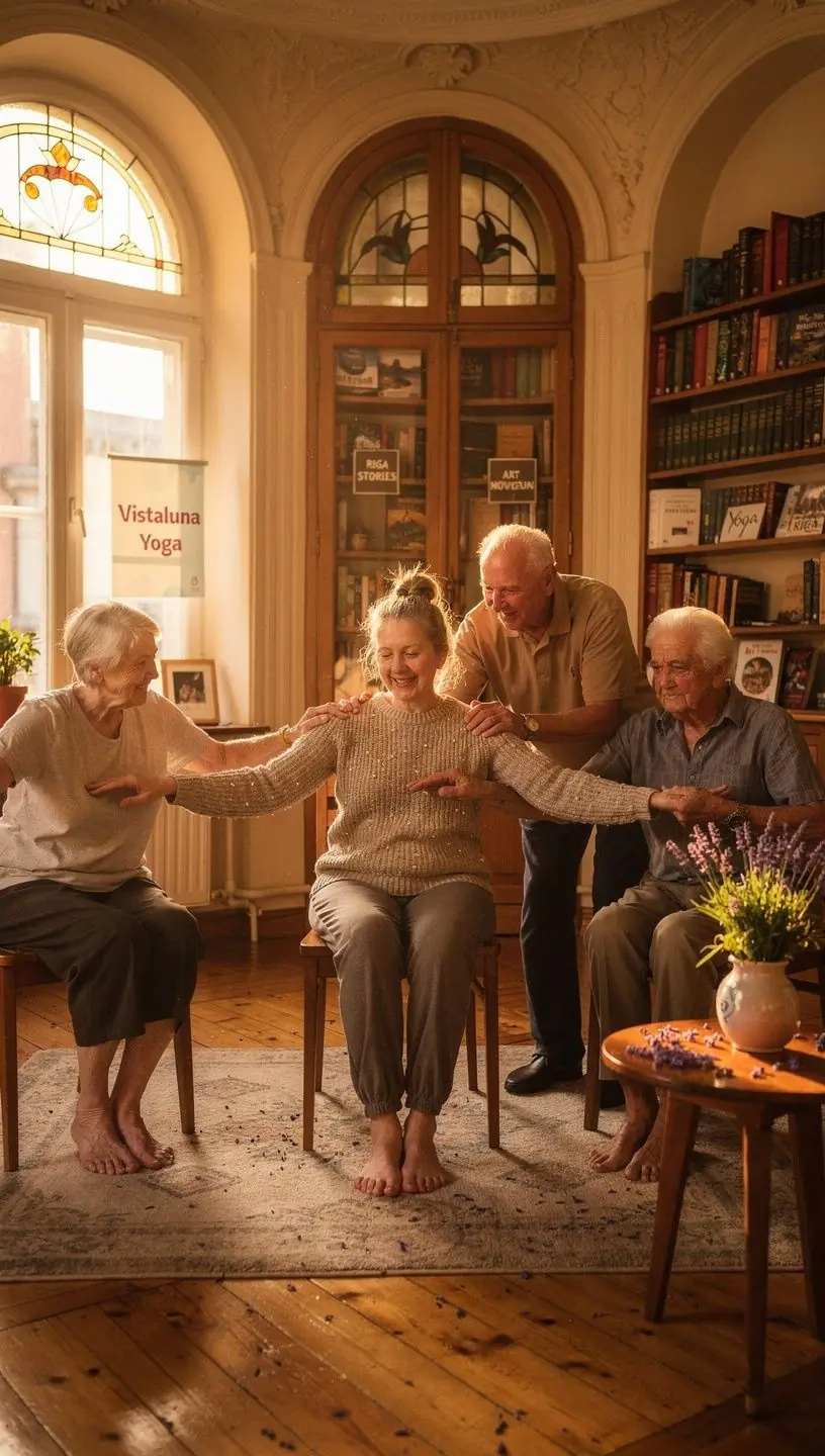 Rāmās un mierīgas jogas nodarbības aina, kurā seniori apgūst elpošanas tehnikas.